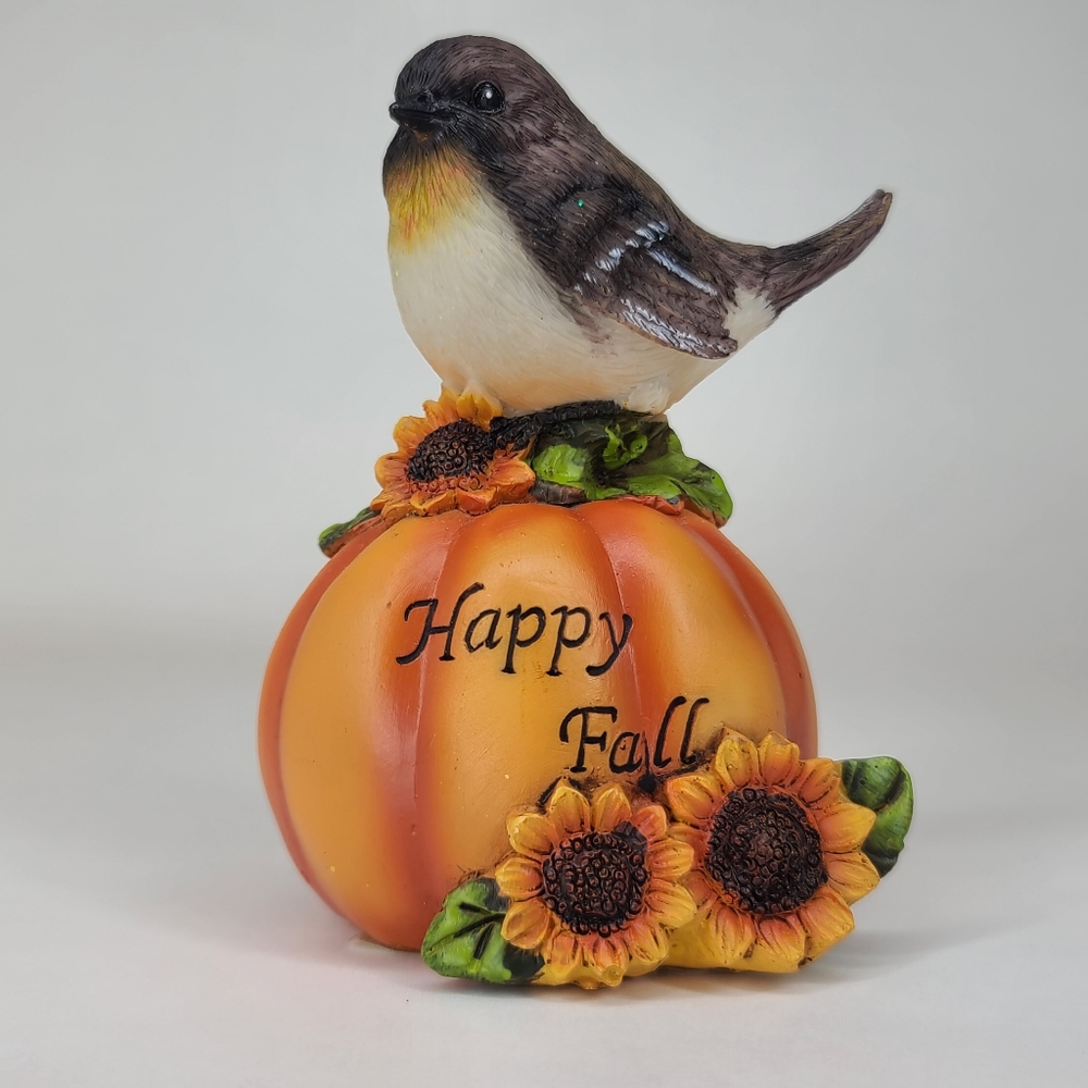 Bird Figurine With Harvest Pumpkin Happy Fall
